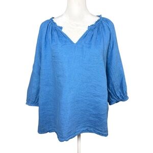 J Jill L Love Linen Peasant Top Ruffle Collar Puff Sleeves Blue Popover Boho